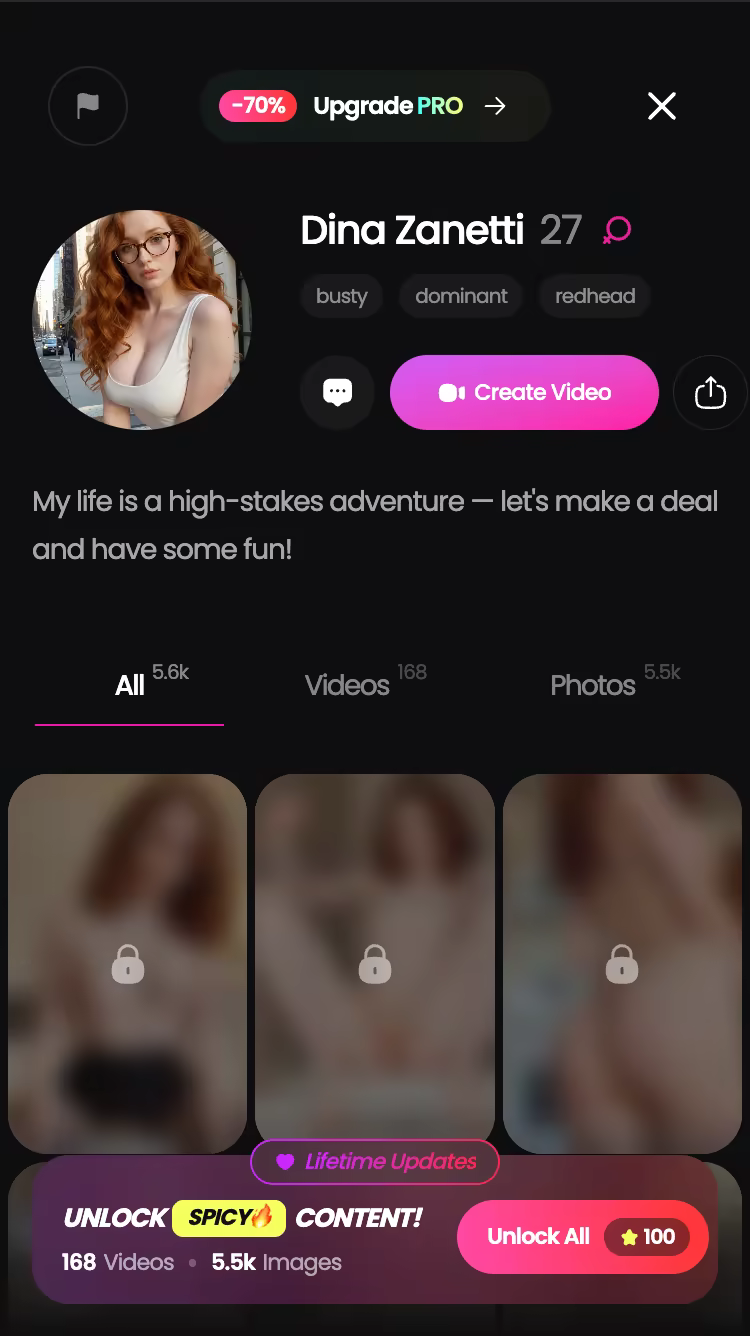 Profil d'un personnage GoLove sur mobile avec sa bibliothèque de photos et vidéos
