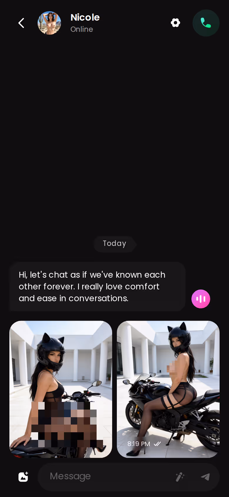 Photo demandée en pleine discussion sur GoLove.ai et livrée directement dans le fil, sur mobile