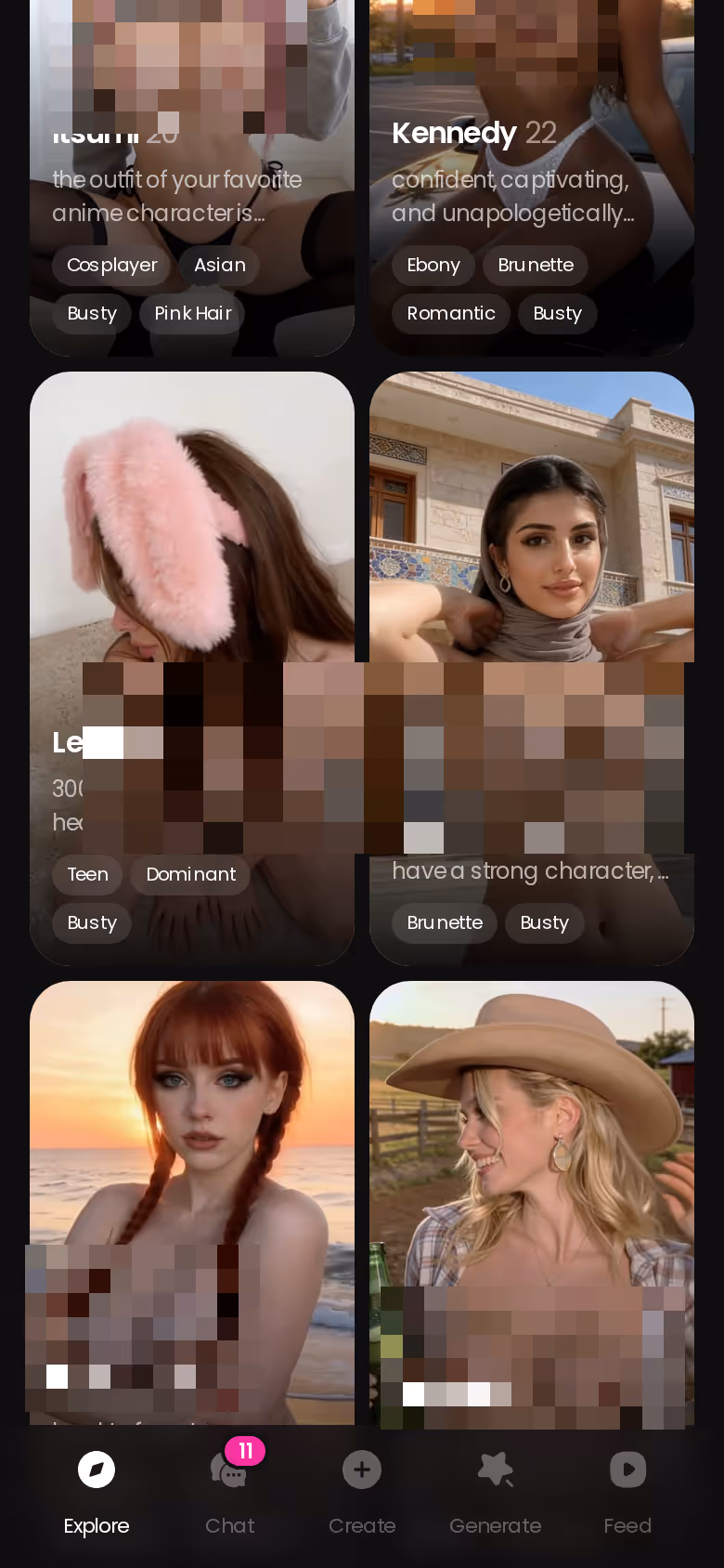 Onglet Explorer de GoLove.ai sur mobile avec les personnages réalistes