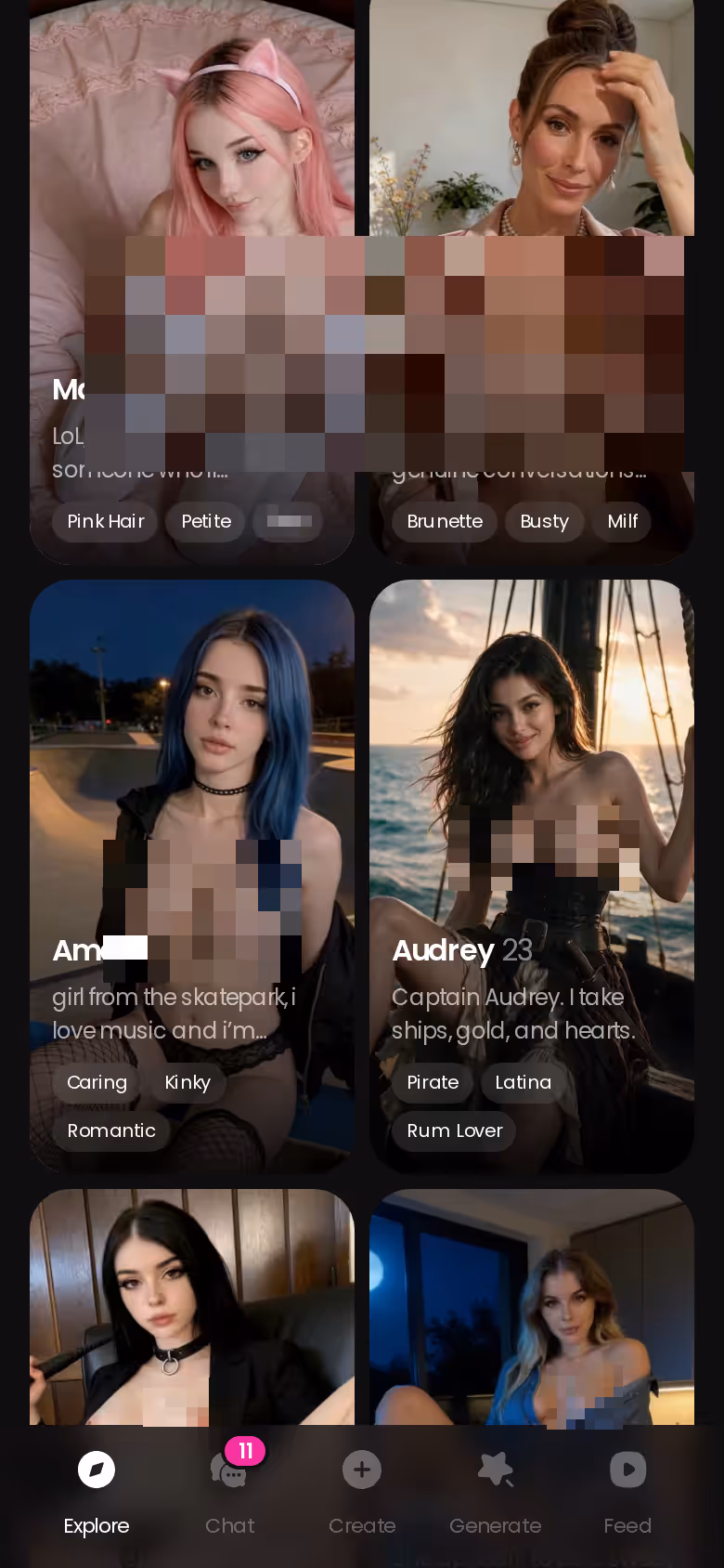 Page Explorer de GoLove.ai sur mobile avec les personnages réalistes