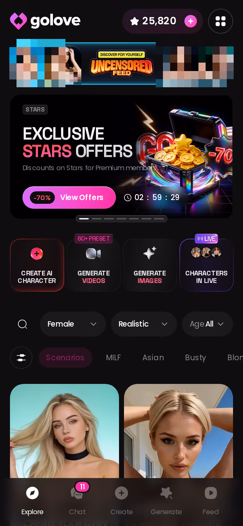 Onglet Explore de GoLove sur mobile : tu choisis une fille, tu tapes, la discussion démarre