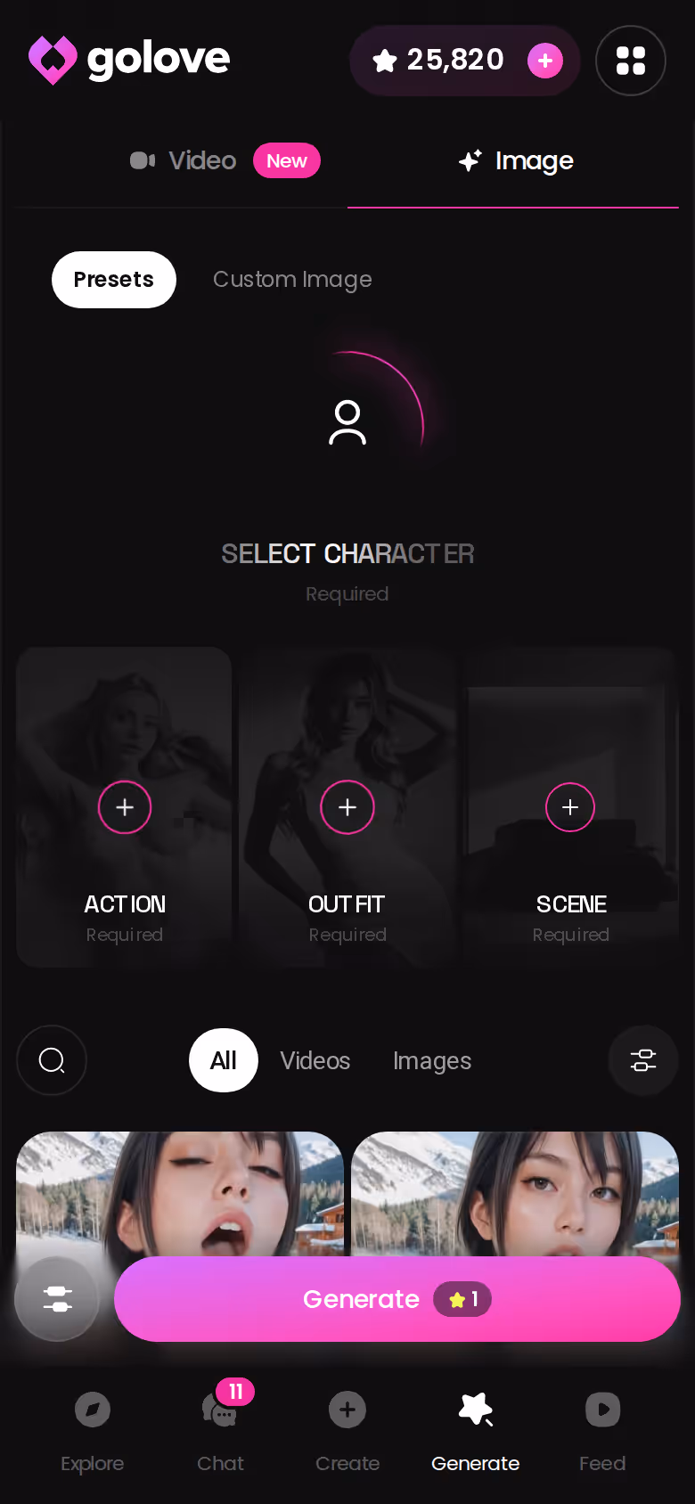 Génération d'image GoLove.ai sur mobile, sans file d'attente séparée de la discussion